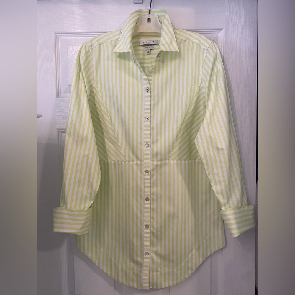 🪴NWOT Foxcroft Heritage Non-Iron Fitted Chartreuse Striped Button Tunic Shirt 8
